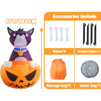 6FT Halloween Inflatable Cat with Pumpkin - LED Lighted Yard Decoration