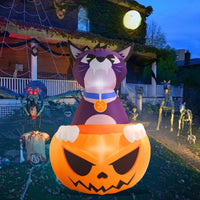 6FT Halloween Inflatable Cat with Pumpkin - LED Lighted Yard Decoration - goodeny