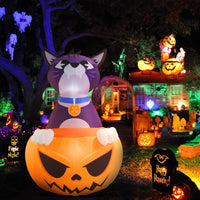 6FT Halloween Inflatable Cat with Pumpkin - LED Lighted Yard Decoration - goodeny