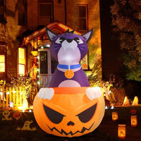 6FT Halloween Inflatable Cat with Pumpkin - LED Lighted Yard Decoration - goodeny