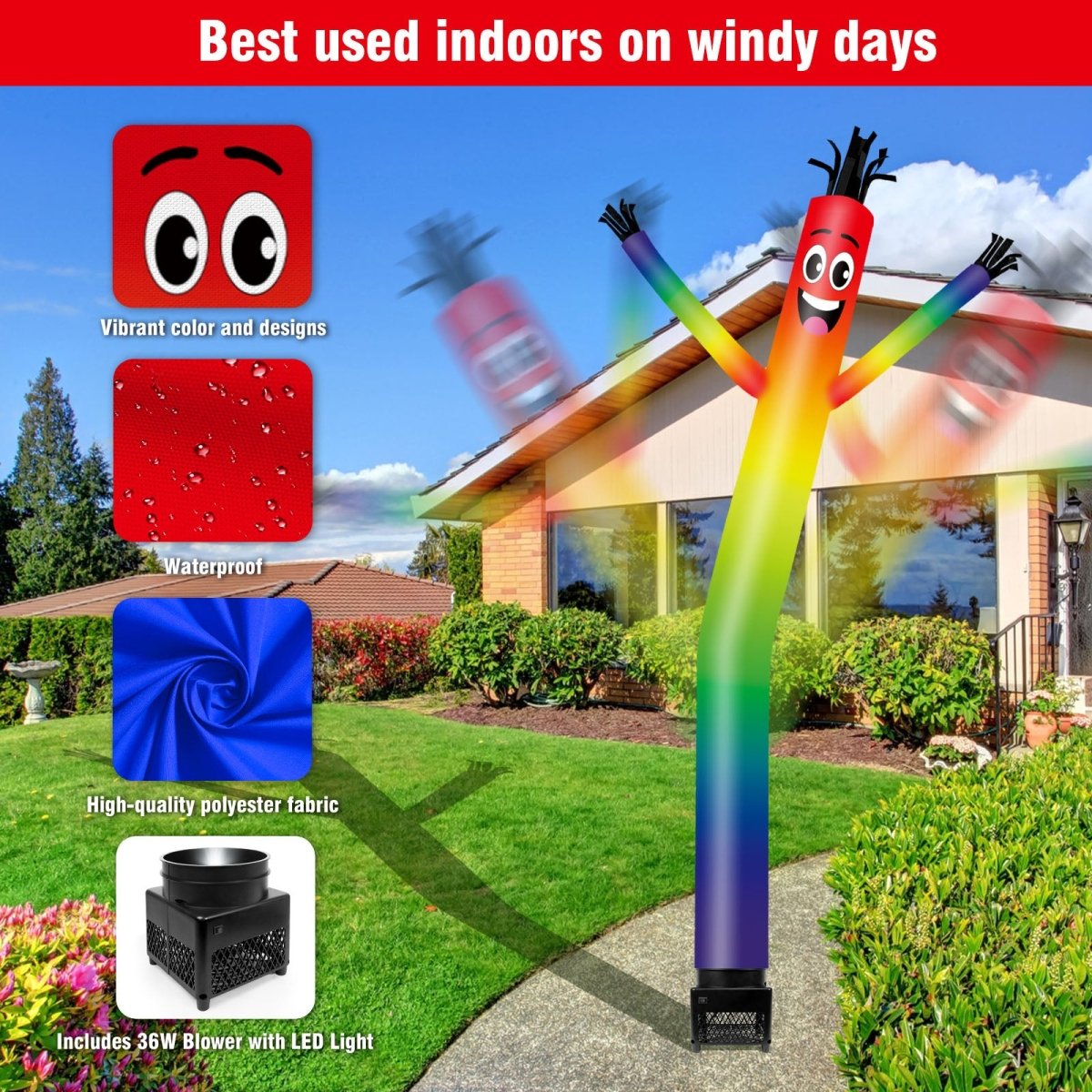6FT Rainbow Inflatable Tube Man with Blower (5.5'' Diameter) and Built ...
